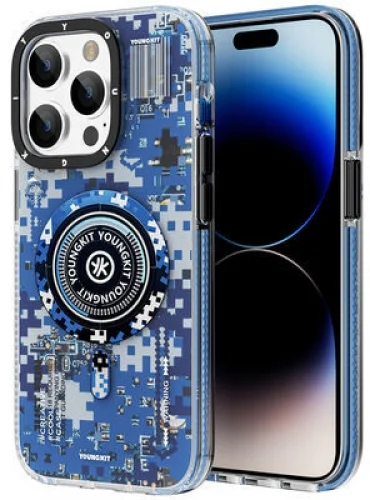 Apple iPhone 14 Pro Kılıf Magsafe Şarj Özellikli YoungKit Kamuflaj Serisi Kapak - Mavi