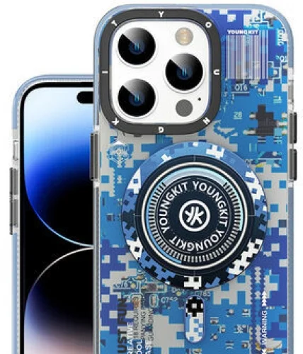 Apple iPhone 14 Pro Kılıf Magsafe Şarj Özellikli YoungKit Kamuflaj Serisi Kapak - Mavi