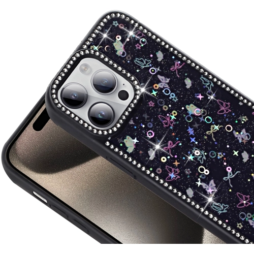 Apple iPhone 14 Pro (6.1) Kılıf Taşlı ve Simli Tasarım Lux Işıltılı Azra Kapak - Siyah
