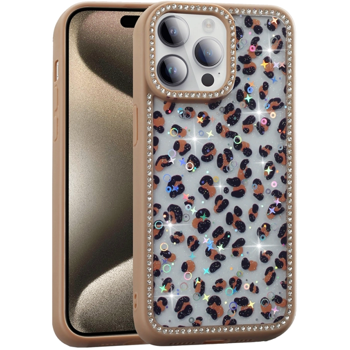 Apple iPhone 14 Pro (6.1) Kılıf Taşlı ve Simli Tasarım Lux Işıltılı Azra Kapak - Gold