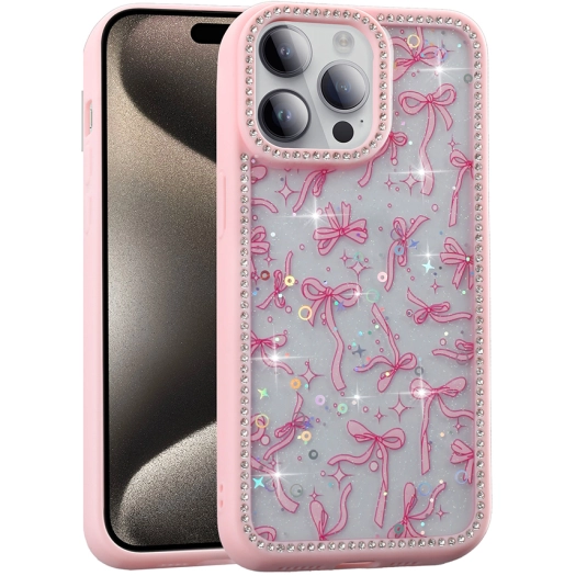 Apple iPhone 14 Pro (6.1) Kılıf Taşlı ve Simli Tasarım Lux Işıltılı Azra Kapak - Pembe