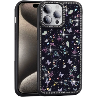 Apple iPhone 14 Pro (6.1) Kılıf Taşlı ve Simli Tasarım Lux Işıltılı Azra Kapak - Siyah