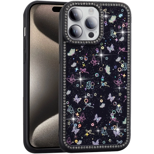 Apple iPhone 14 Pro (6.1) Kılıf Taşlı ve Simli Tasarım Lux Işıltılı Azra Kapak - Siyah