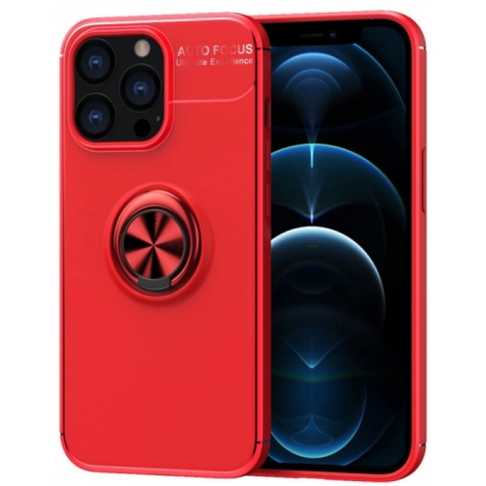 Apple iPhone 14 Pro Max (6.7) Kılıf Renkli Silikon Yüzüklü Standlı Auto Focus Ravel Kapak - Kırmızı