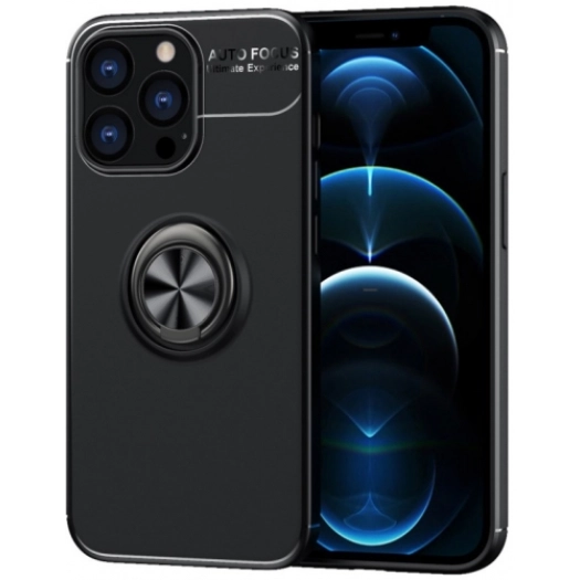 Apple iPhone 14 Pro Max (6.7) Kılıf Renkli Silikon Yüzüklü Standlı Auto Focus Ravel Kapak - Siyah