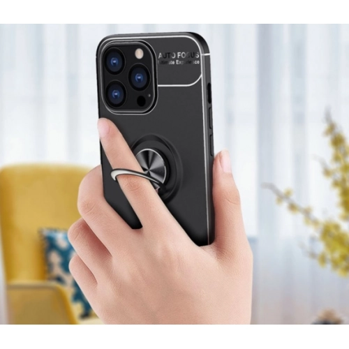 Apple iPhone 14 Pro Max (6.7) Kılıf Renkli Silikon Yüzüklü Standlı Auto Focus Ravel Kapak - Siyah