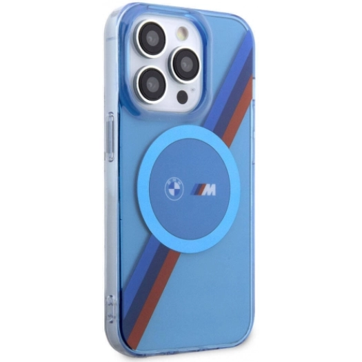 Apple iPhone 14 Pro Max (6.7) Kılıf BMW Magsafe Şarj Özellikli Transparan Tricolor Stripes Orjinal Lisanslı Kapak - Mavi