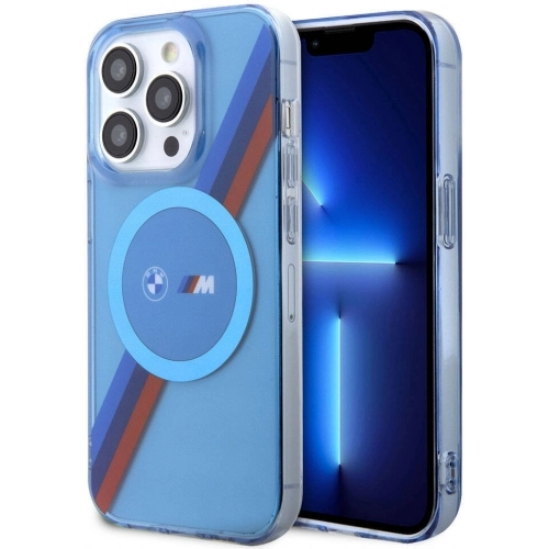 Apple iPhone 14 Pro Max (6.7) Kılıf BMW Magsafe Şarj Özellikli Transparan Tricolor Stripes Orjinal Lisanslı Kapak - Mavi