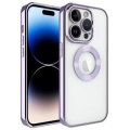 Apple iPhone 14 Pro Max (6.7) Kılıf Kamera Lens Korumalı Şeffaf Renkli Logo Gösteren Parlak Kapak - Lila