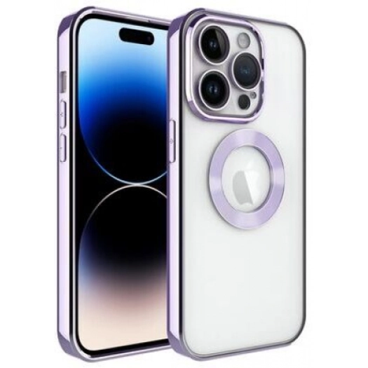 Apple iPhone 14 Pro Max (6.7) Kılıf Kamera Lens Korumalı Şeffaf Renkli Logo Gösteren Parlak Kapak - Lila