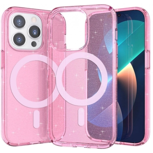 Apple iPhone 14 Pro Max (6.7) Kılıf Magsafe Şarj Özellikli Parlayan Simli Saydam Renkli Allstar Kapak - Pembe