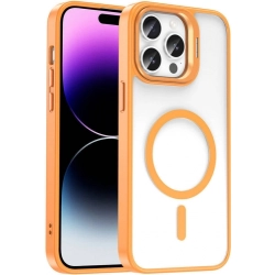 Apple iPhone 14 Pro Max (6.7) Kılıf Magsafe Wireless Şarj Özellikli Standlı Magsafe Klon Lensli Kapak - Turuncu