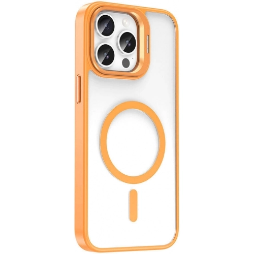 Apple iPhone 14 Pro Max (6.7) Kılıf Magsafe Wireless Şarj Özellikli Standlı Magsafe Klon Lensli Kapak - Turuncu