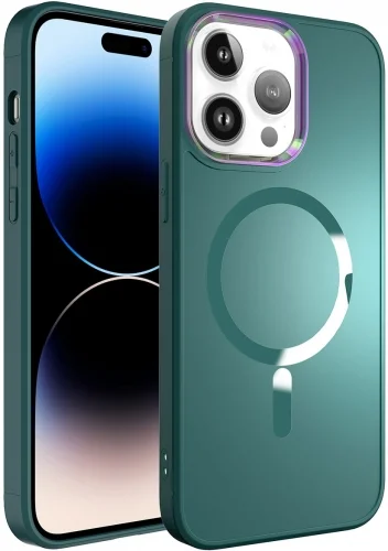 Apple iPhone 14 Pro Max (6.7) Kılıf Magsafe Wireless Şarj Özellikli Stil Kapak - Koyu Yeşil