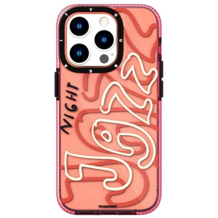 Apple iPhone 14 Pro Max (6.7) Kılıf Şeffaf Renkli Yazı Temalı Tasarım YoungKit Jazz Serisi Kapak - Pembe
