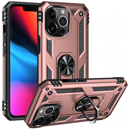 Apple iPhone 14 Pro Max (6.7) Kılıf Silikon Zırhlı Standlı Yüzüklü Mıknatıslı Tank Kapak - Rose Gold