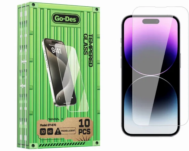 Apple iPhone 14 Pro Max Go Des Parmak İzi Bırakmayan 9H Oleofobik Bom Glass Ekran Koruyucu 10'lu Paket - Şeffaf