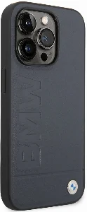 Apple iPhone 14 Pro Max (6.7) Kılıf BMW Magsafe Şarj Özellikli Deri Sıcak Mühür Baskılı Logo Dizayn Kapak - Petrol Mavi