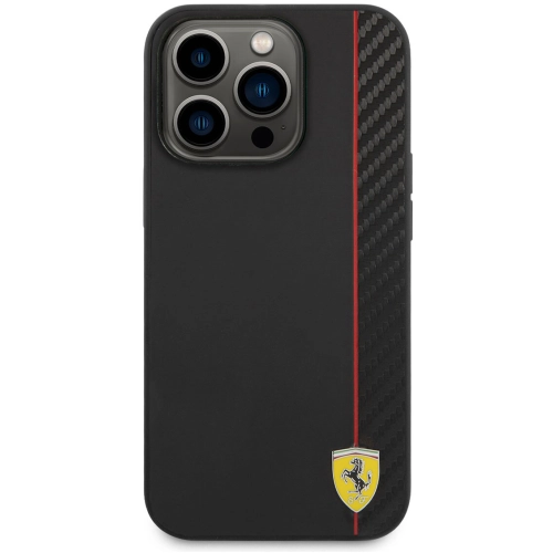 Apple iPhone 14 Pro Max (6.7) Kılıf Ferrari Magsafe Şarj Özellikli Pu Deri Ve Karbon Şeritli Dizayn Kapak - Siyah