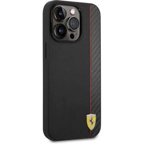 Apple iPhone 14 Pro Max (6.7) Kılıf Ferrari Magsafe Şarj Özellikli Pu Deri Ve Karbon Şeritli Dizayn Kapak - Siyah