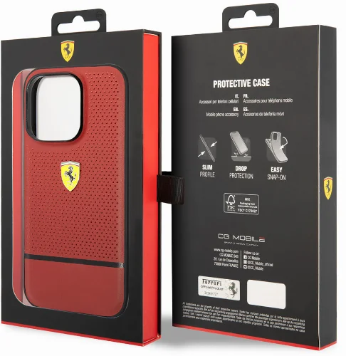 Apple iPhone 14 Pro Max (6.7) Kılıf Ferrari Orjinal Lisanslı Deri Delikli Ve Çizgili Dizayn Kapak - Kırmızı