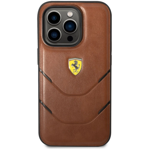 Apple iPhone 14 Pro Max (6.7) Kılıf Ferrari Orjinal Lisanslı PU Deri Sıcak Baskı Çizgili Dizayn Kapak - Kahverengi