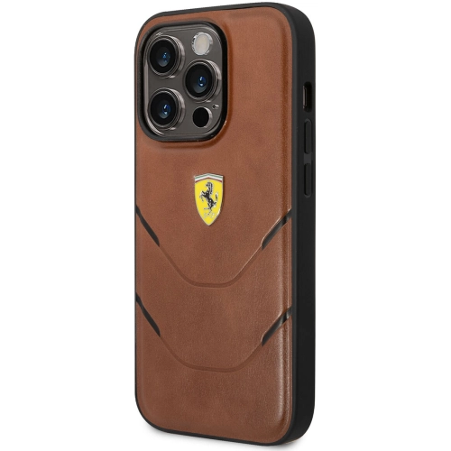 Apple iPhone 14 Pro Max (6.7) Kılıf Ferrari Orjinal Lisanslı PU Deri Sıcak Baskı Çizgili Dizayn Kapak - Kahverengi