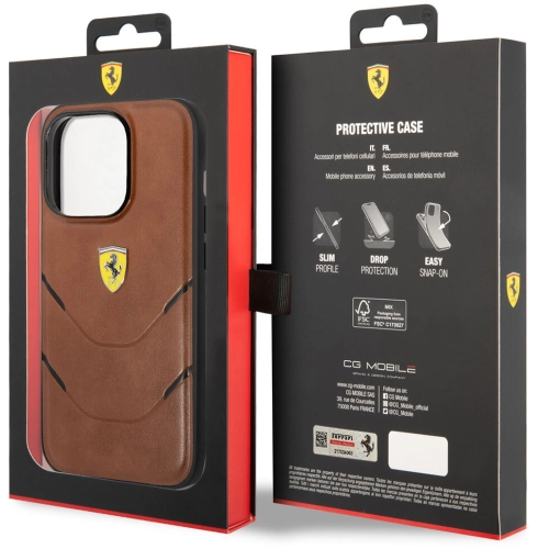 Apple iPhone 14 Pro Max (6.7) Kılıf Ferrari Orjinal Lisanslı PU Deri Sıcak Baskı Çizgili Dizayn Kapak - Kahverengi