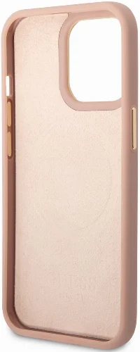 Apple iPhone 14 Pro Max (6.7) Kılıf GUESS Magsafe Şarj Özellikli PU Deri Metal Logolu Kapak - Pembe