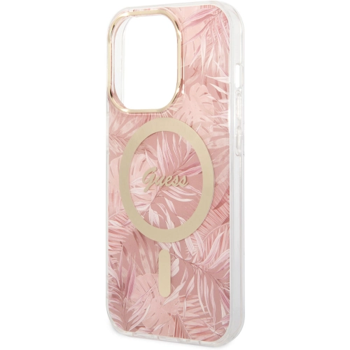 Apple iPhone 14 Pro Max Kılıf GUESS Magsafe Şarj Özellikli Yaprak Desenli Magsafe Şarj Kablolu Kapak - Yeşil