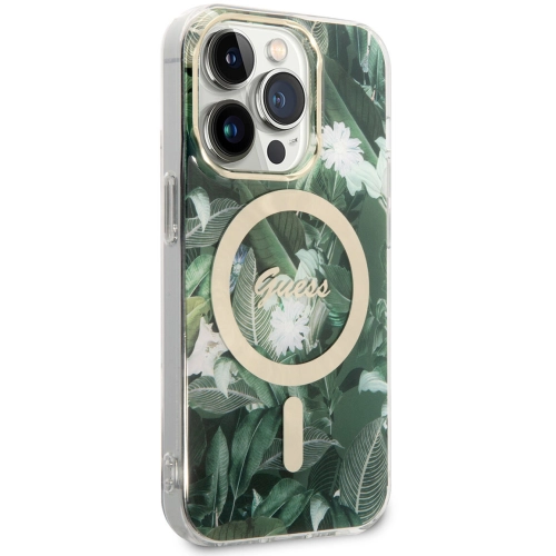 Apple iPhone 14 Pro Max Kılıf GUESS Magsafe Şarj Özellikli Yaprak Desenli Magsafe Şarj Kablolu Kapak - Yeşil