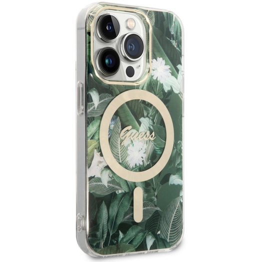 Apple iPhone 14 Pro Max Kılıf GUESS Magsafe Şarj Özellikli Yaprak Desenli Magsafe Şarj Kablolu Kapak - Yeşil