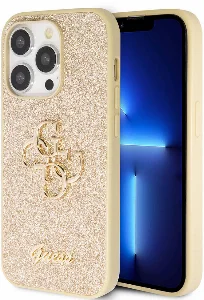 Apple iPhone 14 Pro Max (6.7) Kılıf Guess Orjinal Lisanslı 4G Büyük Metal Logolu Glitter Kapak - Gold