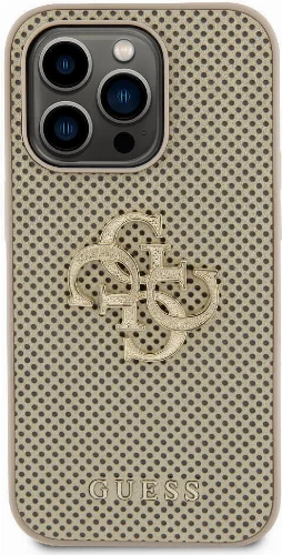 Apple iPhone 14 Pro Max Kılıf Guess Orjinal Lisanslı Delikli Yazı ve 4G Glitter Büyük Metal Logolu Kapak - Gold