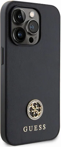Apple iPhone 14 Pro Max (6.7) Kılıf Guess Orjinal Lisanslı Deri 4G Metal Logo Strass Kapak - Gold