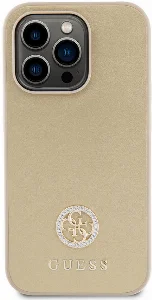 Apple iPhone 14 Pro Max (6.7) Kılıf Guess Orjinal Lisanslı Deri 4G Metal Logo Strass Kapak - Gold