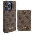 Apple iPhone 14 Pro Max Kılıf Guess Orjinal Lisanslı Magsafe Şarj Özellikli Yazı Logolu 4G Desenli Kapak + Powerbank 5000mAh 2in1 Set - Kahverengi