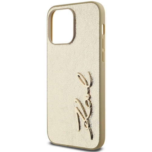Apple iPhone 14 Pro Max (6.7) Kılıf Karl Lagerfeld Orjinal Lisanslı 3D KL Yazılı Tüylü Arka Yüzey Saffiano Rhinestones Kapak - Gold