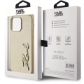 Apple iPhone 14 Pro Max (6.7) Kılıf Karl Lagerfeld Orjinal Lisanslı 3D KL Yazılı Tüylü Arka Yüzey Saffiano Rhinestones Kapak - Gold