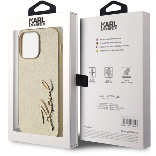 Apple iPhone 14 Pro Max (6.7) Kılıf Karl Lagerfeld Orjinal Lisanslı 3D KL Yazılı Tüylü Arka Yüzey Saffiano Rhinestones Kapak - Gold
