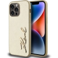 Apple iPhone 14 Pro Max (6.7) Kılıf Karl Lagerfeld Orjinal Lisanslı 3D KL Yazılı Tüylü Arka Yüzey Saffiano Rhinestones Kapak - Gold