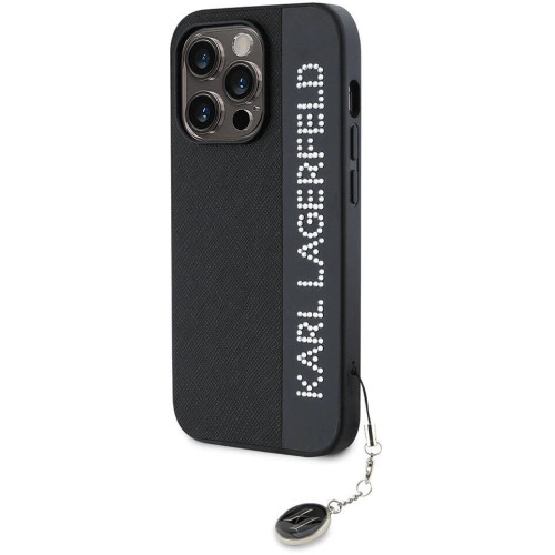 Apple iPhone 14 Pro Max (6.7) Kılıf Karl Lagerfeld Orjinal Lisanslı Anahtarlıklı Taşlı KL Yazılı Saffiano Rhinestones Kapak - Siyah