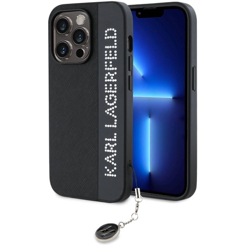 Apple iPhone 14 Pro Max (6.7) Kılıf Karl Lagerfeld Orjinal Lisanslı Anahtarlıklı Taşlı KL Yazılı Saffiano Rhinestones Kapak - Siyah