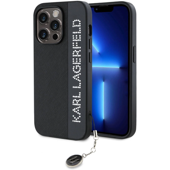Apple iPhone 14 Pro Max (6.7) Kılıf Karl Lagerfeld Orjinal Lisanslı Anahtarlıklı Taşlı KL Yazılı Saffiano Rhinestones Kapak - Siyah