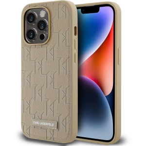 Apple iPhone 14 Pro Max (6.7) Kılıf Karl Lagerfeld Orjinal Lisanslı Magsafe Şarj Özellikli KL Yazılı Hot Stamp Kapak - Krem
