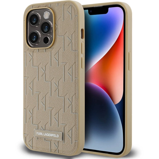 Apple iPhone 14 Pro Max (6.7) Kılıf Karl Lagerfeld Orjinal Lisanslı Magsafe Şarj Özellikli KL Yazılı Hot Stamp Kapak - Krem