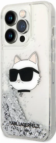 Apple iPhone 14 Pro Max (6.7) Kılıf Karl Lagerfeld Sıvılı Simli Choupette Head Dizayn Kapak - Siyah