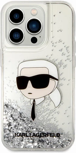 Apple iPhone 14 Pro Max (6.7) Kılıf Karl Lagerfeld Sıvılı Simli Karl Head Dizayn Kapak - Gümüş