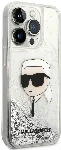 Apple iPhone 14 Pro Max (6.7) Kılıf Karl Lagerfeld Sıvılı Simli Karl Head Dizayn Kapak - Gümüş