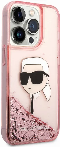 Apple iPhone 14 Pro Max (6.7) Kılıf Karl Lagerfeld Sıvılı Simli Karl Head Dizayn Kapak - Pembe
